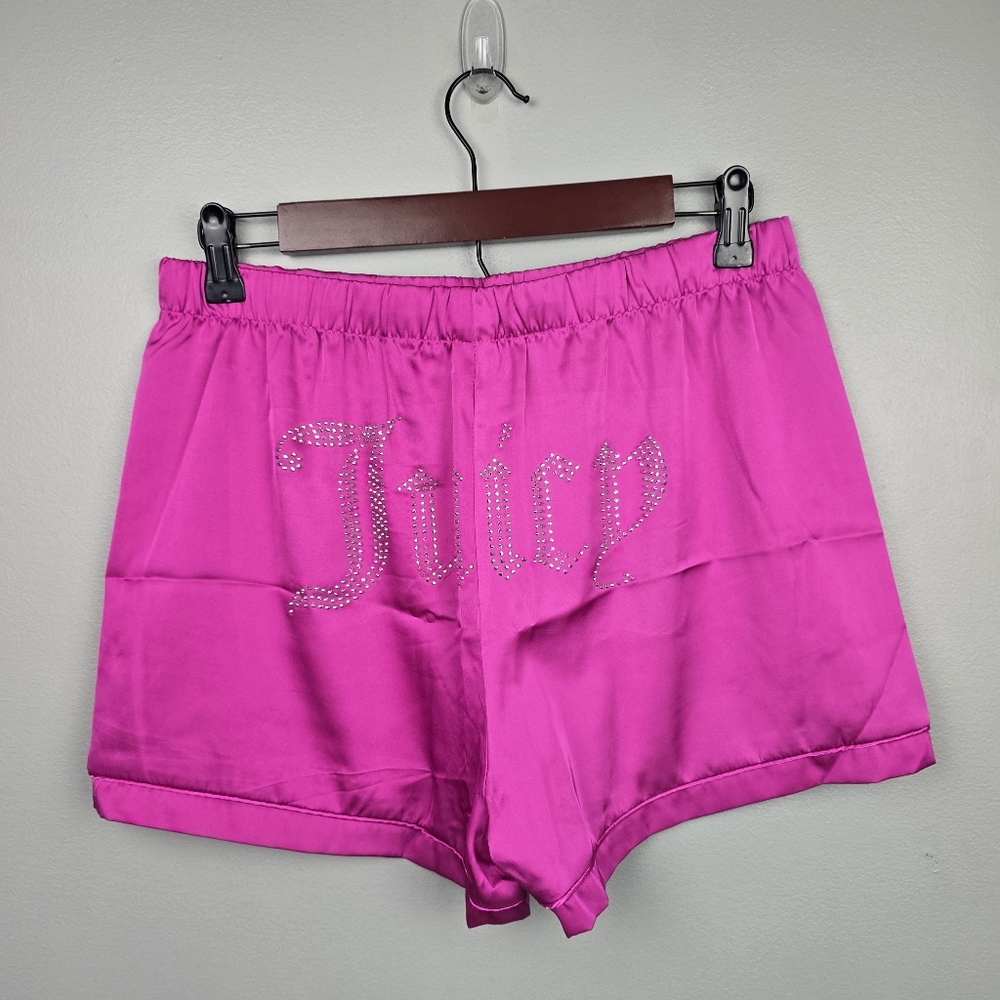 Juicy Couture Pink Satin Sleep Shorts Rhinestone Logo Womens Size M Y2K Vibes